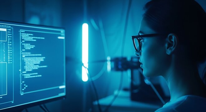Software developer analyzing complex code on a monitor in a dark technical environment with cinematic blue lighting. Perfect for cybersecurity and technology marketing.