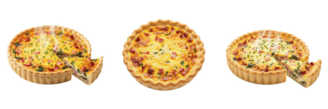 Quiche savory egg custard tart food specimen displaying structural culinary parameters, organic material chemical components, processing features within standard food science reference archive dataset