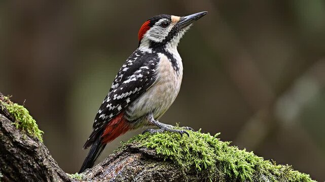 Middle spotted woodpecker perched on a mossy tree branch in the forest