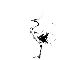 Naklejka premium Monochrome ink illustration of a crane with delicate brushstrokes, minimalist design on white