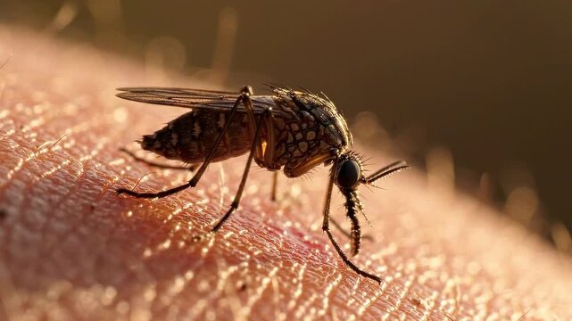 Macro shot of a mosquito feeding on human skin