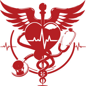 medical heart symbol with ekg wings stethoscope and caduceus representing healthcare
