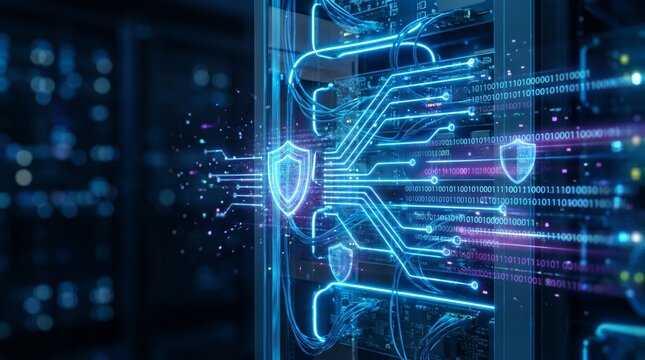 High-tech cyber security interface with glowing shield icons and encrypted data flow, futuristic digital communication concept featuring neon network pathways and binary code streams.