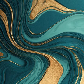 Fluid abstract pattern features luxurious swirls of deep teal and shimmering gold textures