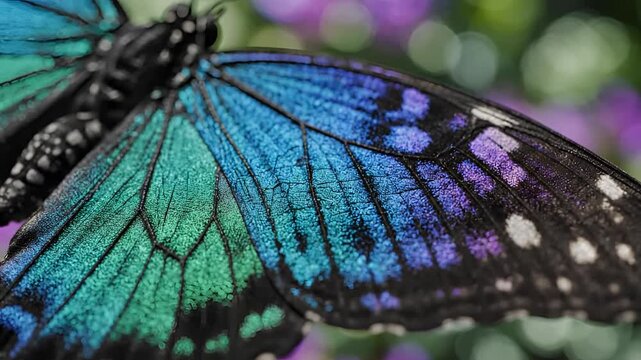 Closeup Macro Shot of a Vibrant Blue and Green Butterfly Wing.