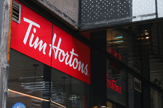 Tim Hortons store signage is displayed in Toronto, Canada