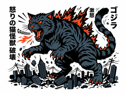 Godzilla cat monster destroying a city illustration