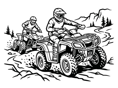 Two atv riders racing on a dirt track in the mountains