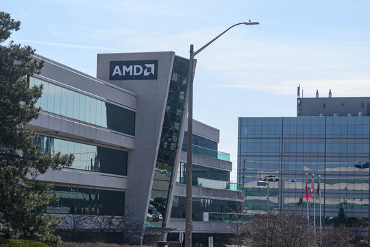 AMD company logo atop building in Markham, Ontario