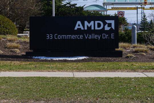 AMD company logo and address in Markham, Ontario, Canada.