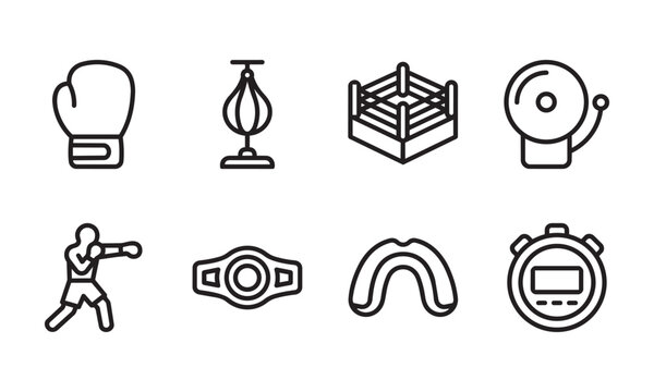 Black outline icons illustrating boxing equipment, a fighter, and accessories for combat sports