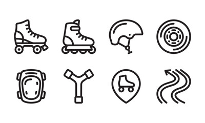 Fototapeta premium Eight distinct line icons representing roller skates, safety gear, and skating accessories