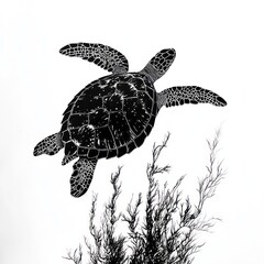 Fototapeta premium A black and white illustration of a turtle swimming above some aquatic plants