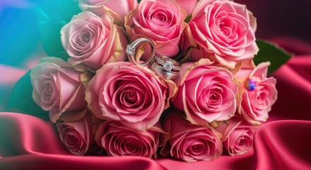 Fototapeta premium A stunning close-up arrangement of delicate pink roses on a rich luxurious red rose-coloured