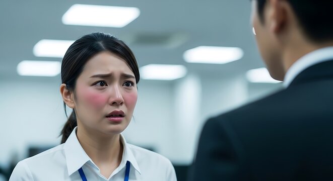 Stressed office worker with flushed face expressing anxiety during a difficult conversation with a boss. Professional over-the-shoulder shot. Perfect for employee wellness marketing.