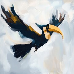 Naklejka premium Digital painting of a toucan in mid-flight against a light, cloudy sky backdrop