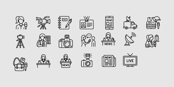 Icon set collection of female journalism, woman news broadcasting, television media reporter, professional press conference, and interview line vector elements.