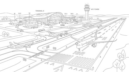 Fototapeta premium Perspective drawing of an airport runway and terminal.