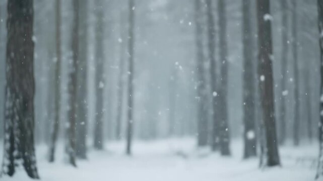 Snow-covered forest with blurred tree trunks and falling snowflakes