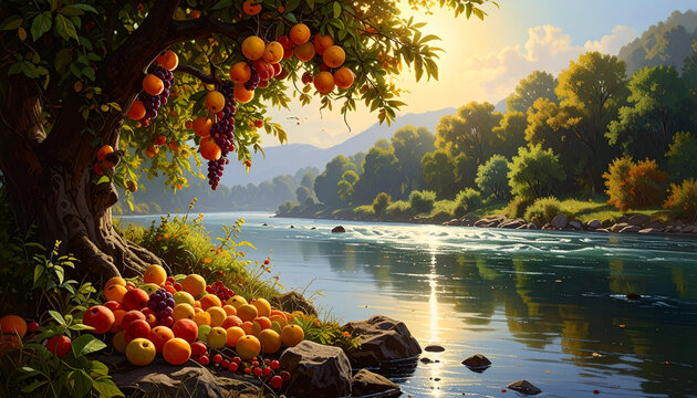 Golden hour river fruit harvest