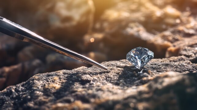 Sparkling gem rests on a rough rock with sunlight shining. Tweezers hold it. Close up shot