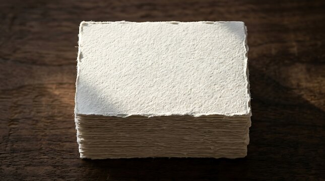 Stack of textured off-white handmade paper on dark wood