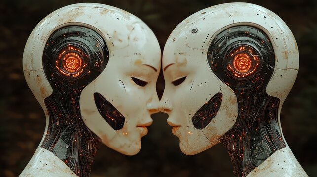 Two humanoid robot heads touching noses, metallic features, soft lighting, against a blurred background