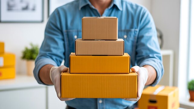 Delivery worker holding stacked cardboard packages for shipping and logistics concept