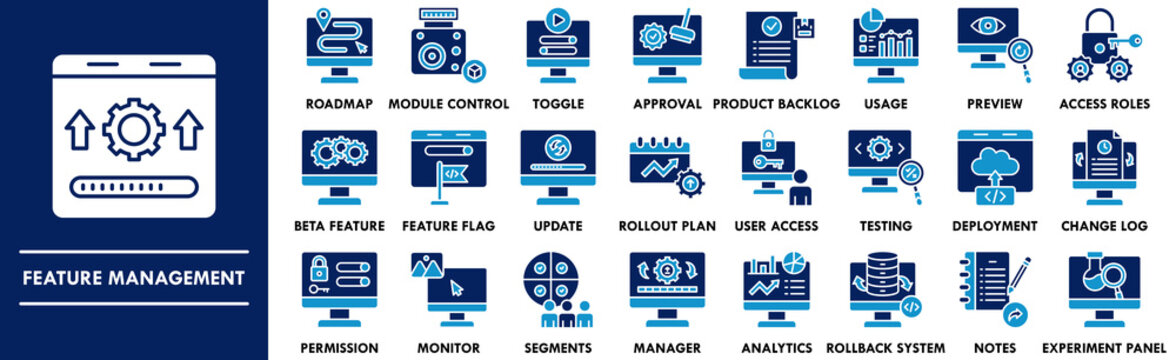 Feature Management duotone icon collection set. Containing design business, technology, management, strategy, communication
