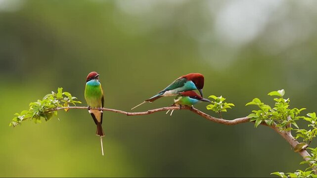 Group of three Blue-throated Bee-eaters (Merops viridis) on a tree branch, with a pair mating and copulating while the third bird perches nearby watching.