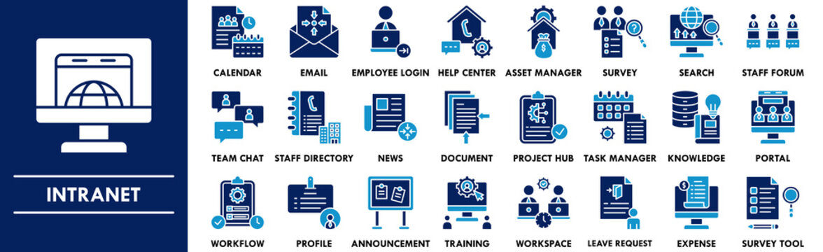 Intranet duotone icon collection set. Containing design technology, system, access, data, internet, communication
