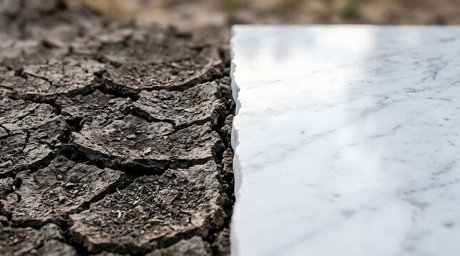 Contrast of parched cracked earth and polished white marble