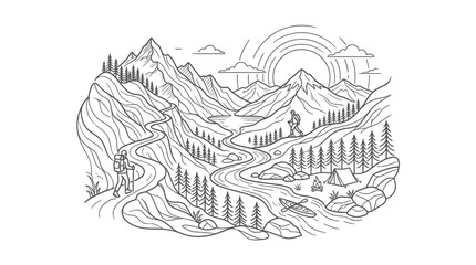 Naklejka premium Minimalist line art of mountain landscape with hiker.
