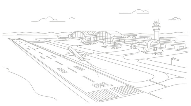 Minimalist line art of airport terminal and runway view.