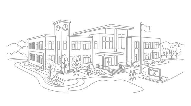Minimalist line art of a modern school building.
