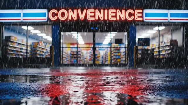 Convenience store storefront at night during heavy rain with bright neon sign reflecting on wet asphalt