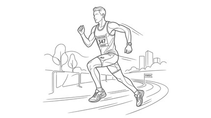 Fototapeta premium Marathon runner athlete line art drawing in park.