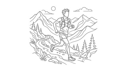 Obraz premium Line art illustration of man running on mountain trail.