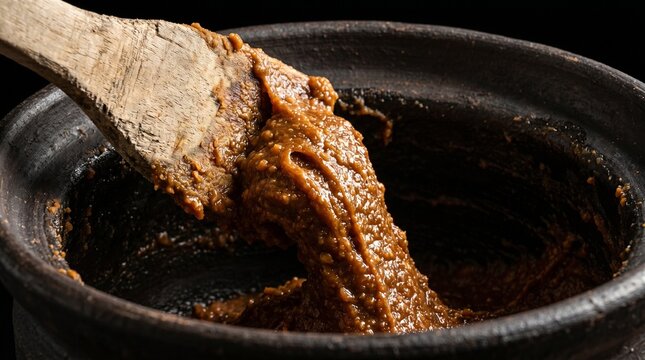Aged Sendai miso extruded between ladle and dark clay pot, red-brown paste ridges in hard sidelight, fermentation gut health concept