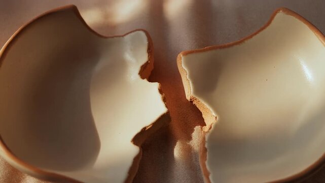 Close-up of a broken beige ceramic bowl on textured fabric surface