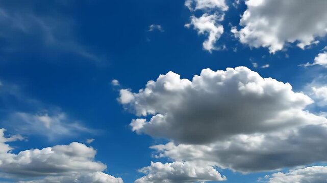 Bright sky with fluffy cumulus clouds and patchy blue sky