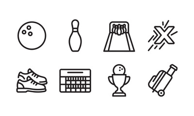 Fototapeta premium Variety of outline icons depicting essential equipment and symbols used in the popular game of bowling