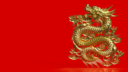 Fototapeta premium Golden Chinese Dragon On Red Background 3d render.