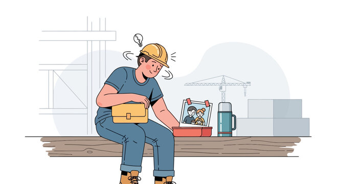 Construction Worker Takes Break, Looks at Family Photo, Construction Site Background
