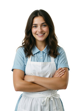 Cheerful junior milkman woman with glossy mahogany hair and clear teal eyes standing confidently with a sparkling smile against a transparent background.