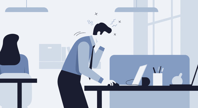 Stressed businessman at desk with laptop, overwhelmed by work