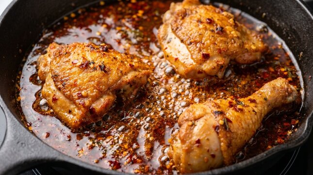 Spicy Chicken Legs Frying in Bubbling Red Chili Oil