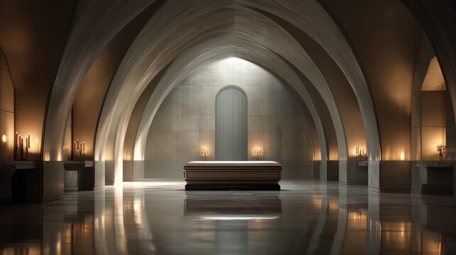 Elegant empty crypt interior with stone coffin and arched ceiling light