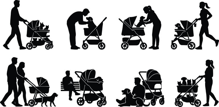 People using baby strollers in various activities