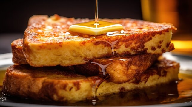 Experience a symphony of flavors with this decadent stack of buttery French toast drenched in sweet maple syrup.